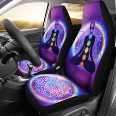 the car seat covers are decorated with colorful designs