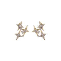 Adorn your ears with an elegant statement when you don these stylish stud earrings boasting a sparkling celestial design. 0.51" W x 0.71" H 18k gold-plated copper / cubic zirconia Yellow Gold Cubic Zirconia Star Earrings, Star-shaped Earrings With Diamond Accents And Cubic Zirconia, Yellow Gold Star-shaped Cubic Zirconia Earrings, Yellow Gold Star Shaped Cubic Zirconia Earrings, Star-shaped Cubic Zirconia Earrings With Diamond Accents, Star-shaped Earrings With Diamond Accents In Cubic Zirconia, Elegant Gold Star-shaped Crystal Earrings, Elegant Gold Plated Star Earrings, Elegant Gold Star Shaped Crystal Earrings