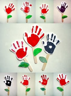 handprinted flowers made out of popsticks with green leaves and red hands