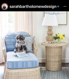 a dog sitting on a chair in a living room next to a table with flowers