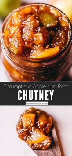 an apple and pear chutney in a glass jar