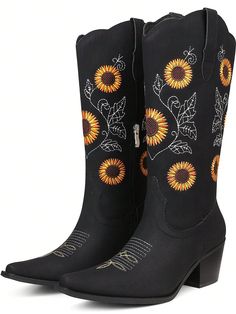 Introducing our Sunflower Embroidered Cowboy Boots, the perfect combination of style and function. These black cowgirl boots feature beautiful sunflower embroidery, adding a touch of femininity to a classic design. Made for women who want to make a statement, these boots are a must-have for any wardrobe. Elevate your look and stand out from the crowd with these stylish cowboy boots. Color : Black Closure Type : Slip on Insole Material : PU Leather Lining Material : PU Leather Outsole Material : Casual Fall Boots With Floral Embroidery, Black Boots With Floral Embroidery For Fall, Black Floral Embroidery Boots For Fall, Casual Black Embroidered Boots, Cowgirl Boots For Women, Embroidered Cowboy Boots, Sunflower Embroidery, Black Cowgirl Boots, Chunky Heeled Boots