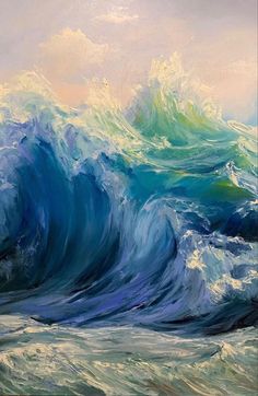 an oil painting of waves crashing in the ocean with blue and green colors on it