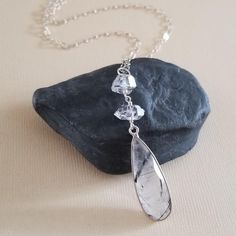 Black Rutilated Quartz Necklace, Herkimer Diamond Pendant, Long Teardrop Stone Necklace, Raw Crystal Necklaces for Women, Gift for Her Unique Drop Gemstone Necklaces, Unique Teardrop Necklace For Anniversary, Sterling Silver Teardrop Necklace With Natural Inclusions, Teardrop Pendant Jewelry With Natural Inclusions For Healing, Rutilated Quartz Jewelry, Black Rutilated Quartz, Sacred Stones, Power Crystals, Quartz Jewelry