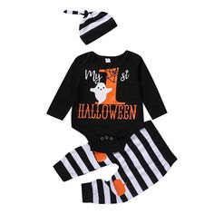 Baby Boy Halloween Letter Printed Romper & Trousers & Hat Wholesale Baby Clothes Usa - PrettyKid Cute Long Sleeve Halloween Sets, Cute Long Sleeve Sets For Halloween, Playful Fitted Halloween Sets, Playful Fitted Sets For Halloween, Fitted Playful Sets For Halloween, Black Costume Sets For Halloween, Black Long Sleeve Sets For Halloween, Black Cotton Set For Halloween, Black Letter Print Sets For Fall