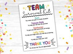 a thank card with the words team survival kit on it and confetti around it