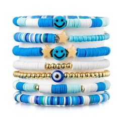 7Pcs Preppy Heishi Bracelets Kit Sky Blue Smile Evil Eye Star Beaded Surfer Bracelets Polymer Clay Heishi Bracelets, Layering Bracelets, Beaded Braclets, Preppy Bracelets, Preppy Jewelry, Surfer Bracelets, Polymer Beads, Clay Bracelet, Diy Bracelet Designs