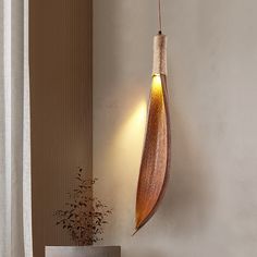 a wooden object hanging from the side of a wall next to a potted plant