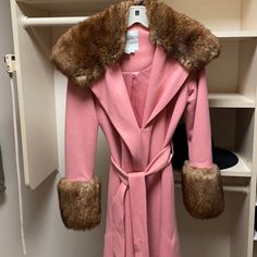 Tracy Reese One Of A Kind Jacket Luxury Long Coat For Spring, Luxury Pink Winter Blazer, Luxury Long Sleeve Outerwear For Spring, Luxury Long Sleeve Spring Outerwear, Luxury Long Sleeve Pink Outerwear, Luxury Pink Long Sleeve Outerwear, Fitted Pink Outerwear With Faux Fur Trim, Luxury Pink Outerwear For Winter, Luxury Pink Winter Outerwear