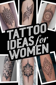 Tattoo designs for women featuring floral and geometric patterns on arms and legs.