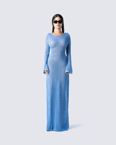 Move with a type of confidence they will all be envious of in this blue sweater knit maxi dress 💙 Crafted with crochet knit - this piece features a high front neckline, low scoop back, and flared long sleeves. Show them what you got in the most comfortable, yet elegant way 😇 Denim Dress Maxi, Periwinkle Clothes, Blue Crochet Dress, Long Sleeve Crochet Dress, Sea Outfit, White Corset Dress, Blue Sweater Dress, Blue Knit Dress, Sea Dress