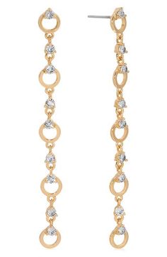 Sparkling stones illuminate the circular links of these effortlessly elegant drop earrings plated in 18-karat gold. 3 1/2" drop Post back 18k-gold plate/cubic zirconia Imported Elegant Gold-tone Circular Earrings, Elegant Round Chain Earrings, Earrings In Gold, Keep Jewelry, Anniversary Sale, Cubic Zirconia, 18k Gold, Gold Plate, Jewelry Earrings