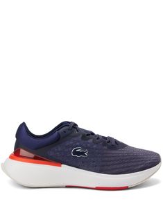 navy blue knitted upper embroidered logo to the side front lace-up fastening almond toe chunky rubber sole Lacoste Sneakers, Sneakers Blue, Chunky Sneakers, Sneakers White, Sneakers Black, Patch Logo, Rubber Sole, Running Shoes, Almond