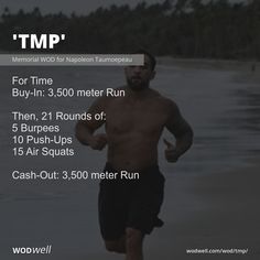 a man running on the beach in shorts and no shirt, with text that reads'tmp for time buy - in 3, 350 meter run then runs off