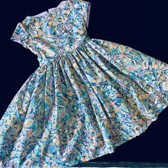 Butterfly Floral New Handmade Fit And Flare Full Skirted Dress With Back Tie In Size 8. 100% Premium Cotton. Blue Cotton Dresses For Garden Party, Blue Dress With Fitted Waist For Spring, Blue Stretch Dresses For Daywear, Stretch Blue Dresses For Daywear, Casual Blue Stretch Dresses, Handmade Girls Dress, Circle Skirt Dress, Purple Lace Dress, Girls Floral Dress