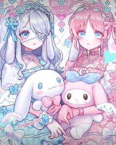 #cinnamoroll and #my melody Pixel Anime Art, Kawaii Art Styles, Cute Art Styles Anime, Kawaii Art Aesthetic, Kawaii Art Anime, Kawaii Character Design, Pixel Girl, Cute Kawaii Art, Cute Core