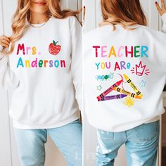 Introducing our custom teacher sweatshirts, personalized with your name for that extra special touch! Perfect for any elementary or kindergarten teacher, the back print features the popular "Bible You Are" pencil design, making it a standout piece in any wardrobe. Made with cozy, high-quality materials, this sweatshirt is a delightful gift for new teachers or a charming addition to your own collection. Whether you're in the classroom or on the playground, you'll be spreading inspiration and styl Kindergarten Teacher Gifts, Strawberry Shirt, School Sweatshirts, New Teacher Gifts, Great Teacher Gifts, Teacher Name, Pink Leopard, Kindergarten Teachers, New Teachers