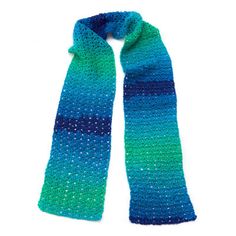 a blue and green knitted scarf on a white background