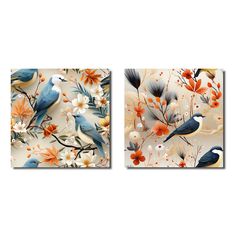 two paintings of birds and flowers on a white background, one is blue and the other is orange