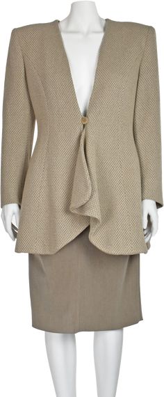 From Giorgio Armani's Black Label comes this striking two-piece ensemble comprising a tapue wool jacket with a waterfall detail below the waist, and an unusual pencil skirt with ruching on the sides. The jacket has padded shoulders and closes with a single button. The skirt has a back zipper. The jacket is a wool, viscose and nylon blend, and the soft skirt is a polyester and rayon blend. These are luxurious vintage pieces that date from the 1980s. The jacket is labeled Italian size 44, and the Black Wool Coat Women, Armani Shop, Armani Vintage, Black Suit Dress, Womens Suits, Armani Black, Plaid Coat, Fabulous Dresses, Wool Skirt