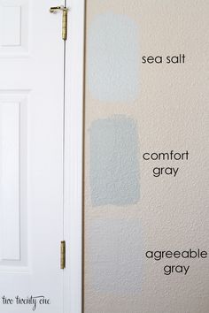 the wall is painted with different shades of blue and white, including sea salt, comfort gray, agreeable gray and sea salt