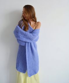 Hello, I'm the one, who won't let you down - emboidered blue mohair cardigan. I will comfort you, keep you warm and will make you smile. I'm 100% hand made and proud of that. I consist of 70% italian kid mohair and 30% of nylon, which makes me incredibly natural. I'm quite unique as could be worn all year long. I'm in really difficult and at the same time beautiful color, something between blue and light purple. I'm in one size and one size fits all because my measurements are : ❤️ Width -50 cm Long Blue Knitted Sweater, Cozy Long Blue Sweater, Winter Hand Knitted Purple Cardigan, Purple Chunky Knit Winter Cardigan, Handmade Long Sweater Coat For Winter, Purple Chunky Knit Winter Outerwear, Cozy Purple Winter Cardigan, Handmade Purple Winter Sweater, Handmade Purple Winter Cardigan