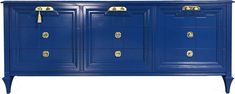 a blue dresser with gold handles and knobs on the doors is shown against a white background