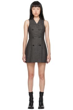 Stella McCartney: Gray Double-Breasted Midi Dress | SSENSE Business V-neck Dresses With Button Closure, Striped V-neck Mini Dress For Work, V-neck Dress With Hidden Button Closure For Work, Chic Wool Blazer Dress, Fitted Wool V-neck Dress, Chic Semi-formal Wool Blazer Dress, Classic Tailored Dress With Double Button Closure, V-neck Blazer Dress With Button Closure For Business, Spring Formal Tweed V-neck Dress