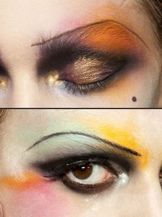 John Galliano 90s Makeup, Elton John Inspired Makeup, Interesting Eye Makeup, New Romantic Makeup, John Galliano Makeup, Galliano Makeup, Colorful Eyebrows, New Wave Makeup, Red Cherry Nails