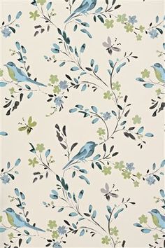 a blue and green floral wallpaper with birds on the branch, leaves and flowers