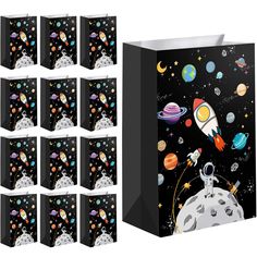 PRICES MAY VARY. Quantity: 30 packs space party favor bags, with very cute and dreamlike space designs; Size of bag is 8.3 x 5.5 x 3.15 inches, proper size for your kids, can hold various candy, biscuits, party invitation cards, snacks, toys, etc. Quality material: outer-space theme paper bags are sturdy, durable and reusable with beautiful printed, like planet, rocket, astronaut; These space-themed bags are made of quality craft paper, no smell and light carrying Wide application: astronaut par Birthday Space Theme, Outer Space Party Favors, Treat Bags For Kids, Astronaut Decorations, Kids Treat Bags, Space Party Favors, Prek Graduation, Paper Treat Bags, Eclipse Party