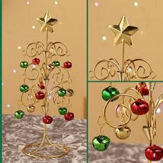 a christmas tree made out of gold and green ornaments with red, green and yellow balls