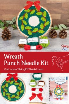 the wreath punch needle kit is on display next to other items and supplies that include yarn