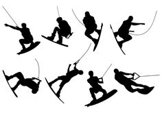 six silhouettes of snowboarders in different positions