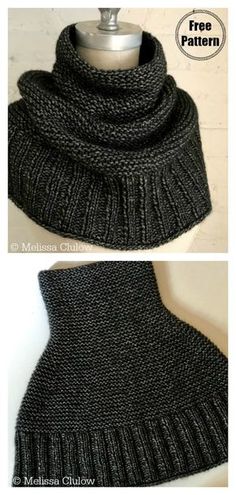 two pictures of the same cowl, one is black and one has gray yarn