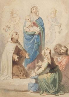 an old painting of the virgin and child surrounded by other people