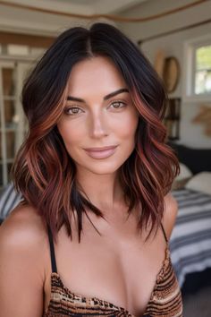 Dark Copper Balayage On Black Hair, Womens Fall Hair Color Ideas 2024, Dark Hair Copper Balayage, Copper Balayage Straight Hair, Unique Balayage Hair, Brunette With Copper Balayage, Copper Balayage Brunette, Balayage Hair Copper, Summer Haircut