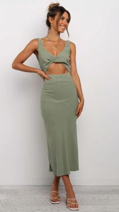 Chic Midi Dress With Cut-out Waist For Brunch, Chic Midi Dress With Cutout V-neck, Chic Cutout V-neck Midi Dress, Fitted V-neck Maxi Dress With Cutout, Elegant Midi Dress With Cut-out Waist For Date Night, Chic Midi Dress With Cut-out Waist For Date Night, Fitted Midi Dress With Twist Front, Elegant Midi Dress With Notched Neckline For Brunch, Elegant Midi Dress With Cutout And V-neck