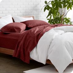 an unmade bed with red and white comforters in a room next to a potted plant