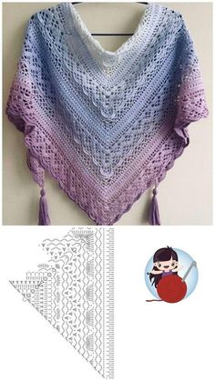 a crocheted shawl with tassels on it and the pattern below