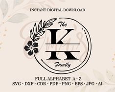 the k family logo is shown in black and white, with flowers on it's side