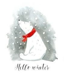 a watercolor drawing of a polar bear wearing a red scarf with the words hello winter