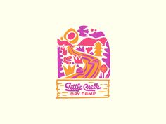 the logo for little chick's day camp is shown in purple and orange colors