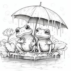 two frogs sitting under an umbrella in the rain