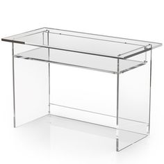 a clear glass desk with two shelves on each side and one shelf at the top