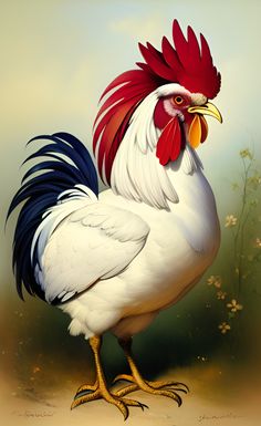 a painting of a rooster with red, white and blue feathers