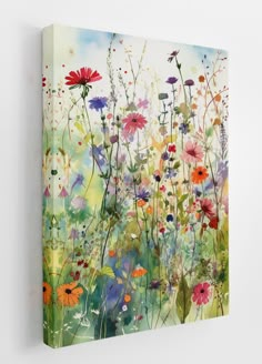 an abstract painting of flowers and grass on a white wall with watercolor paint effect