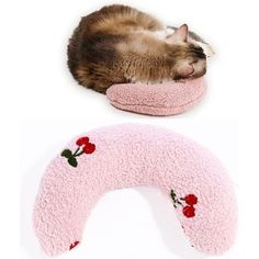 a cat sleeping on top of a pink pillow next to a rose shaped bed with roses