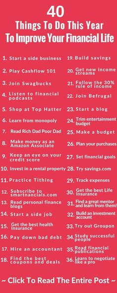 a red poster with the words 40 things to do this year to improve your financial life