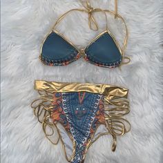 High Waist Sexy Bikini - Gold Trim/Multi Color Fabric:Polyester+Faux Leather. Good Elastic And Quickly Dry Material Adjustable Strap Fit You Better,Please Choose One Or Two Size Up Women Who With Plump Bust L--Waist:28"--Hip:34"--String's Length(Bust):63"--String's Length(Halter):27.5" Brand New. Never Worn. Too Small. Choose One, Color Fabric, Gold Trim, Fabric Color, Womens Swim, Adjustable Straps, High Waist, Multi Color, Womens Sizes